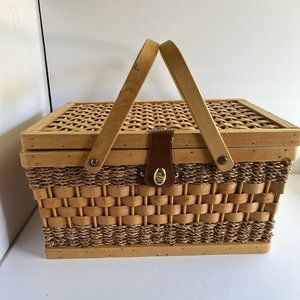 Vintage Wicker Picnic Basket with Double Handles and Clasp Front